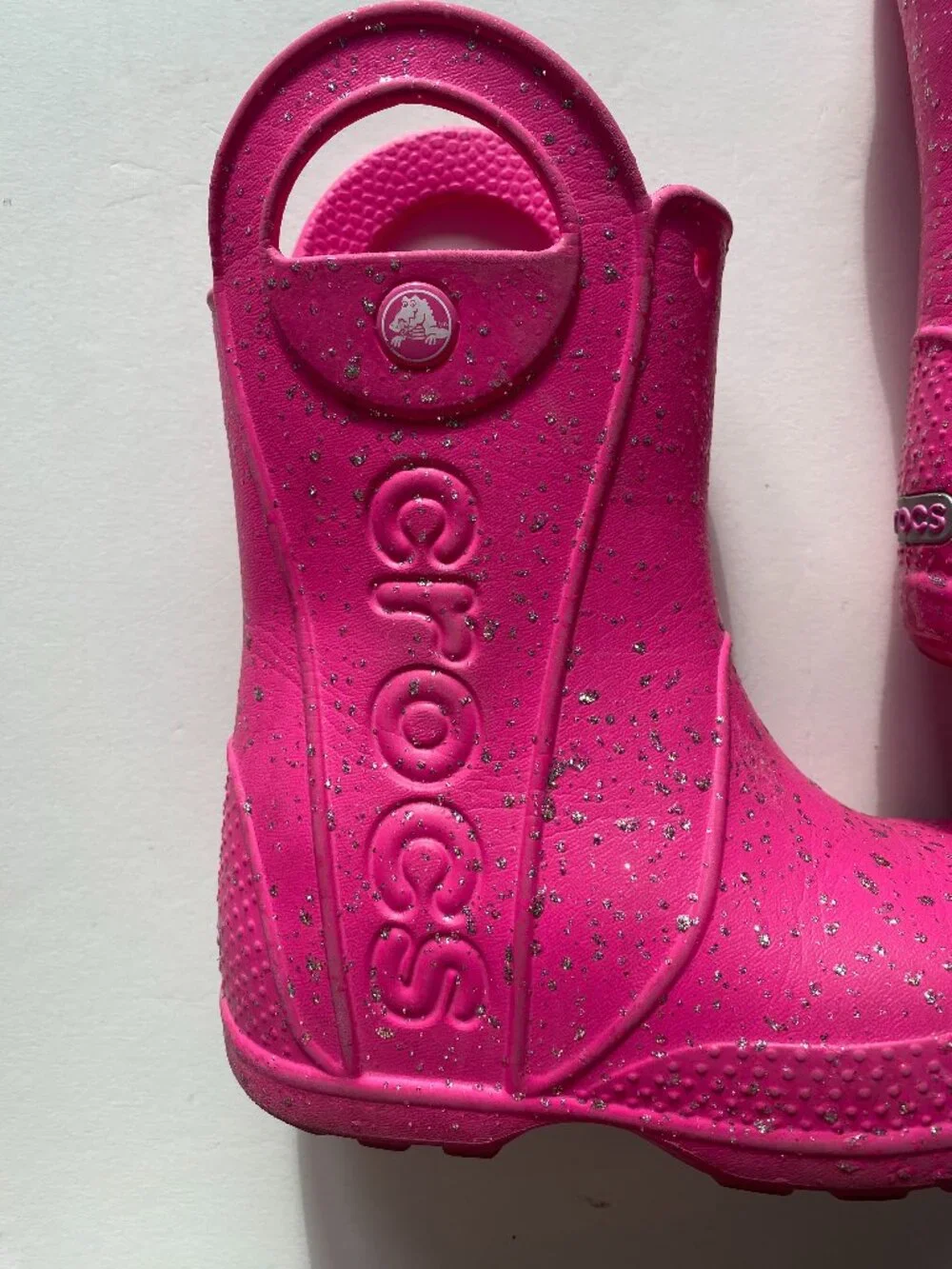 CROCS Handle It, pink and silver glitter rain boots, girl's size C 10, EUC